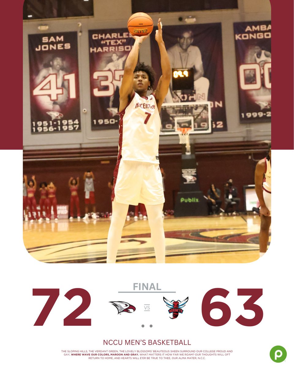 FINAL SCORE! The Eagles took care of business with a 72-63 victory at home on Monday evening. Khouri Carvey finished with 21 points and six rebounds. #EaglePride | <a href="/NCCU_MBB/">NCCU Men's Basketball</a>