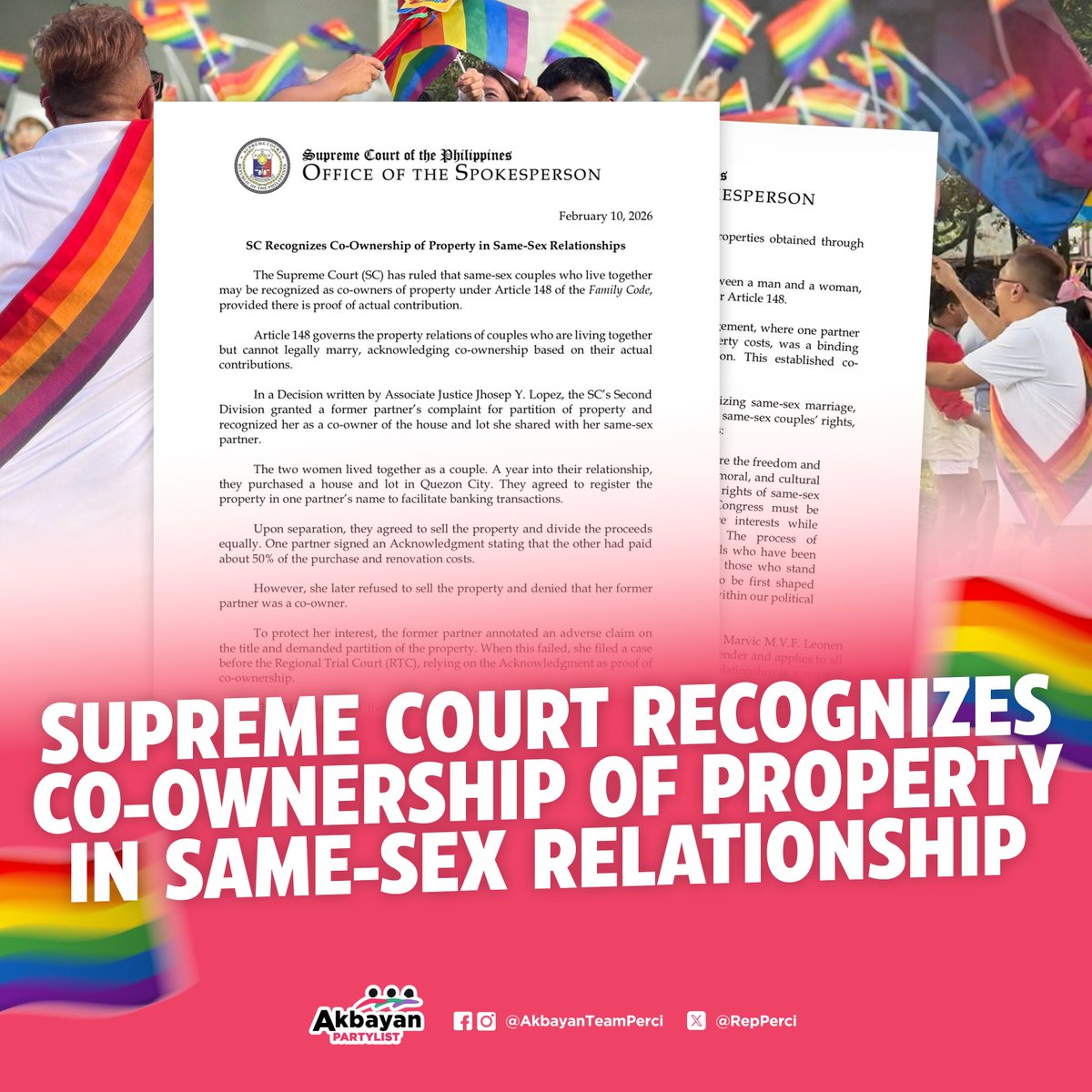RepPerci's tweet photo. Ang agang pa-Valentine's ng Supreme Court! 🏳️🌈🤍
We welcome this decision of the High Court in enshrining equality in our jurisprudence. Isunod na rin dapat kilalanin ng batas ang ating karapatang alagaan at magdesisyon para sa isa’t isa. #RightToCare https://t.co/O4U4ceKszJ