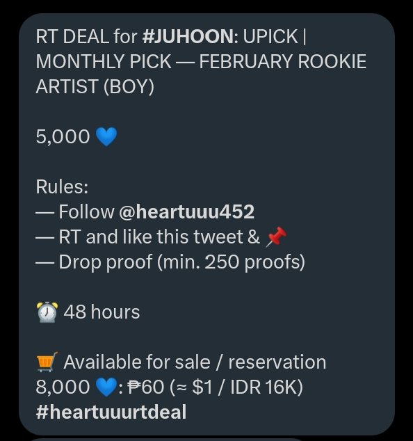 18jju's tweet photo. RT DEAL for #JUHOON: UPICK | MONTHLY PICK — FEBRUARY ROOKIE ARTIST (BOY)

5,000 💙

Rules:
— Follow @heartuuu452
— RT and like this tweet &amp; 📌
— Drop proof (min. 250 proofs)

⏰ 48 hours

🛒 Available for sale / reservation
8,000 💙: ₱60 (≈ $1 / IDR 16K)
#heartuuurtdeal https://t.co/u3O8vYbCk4