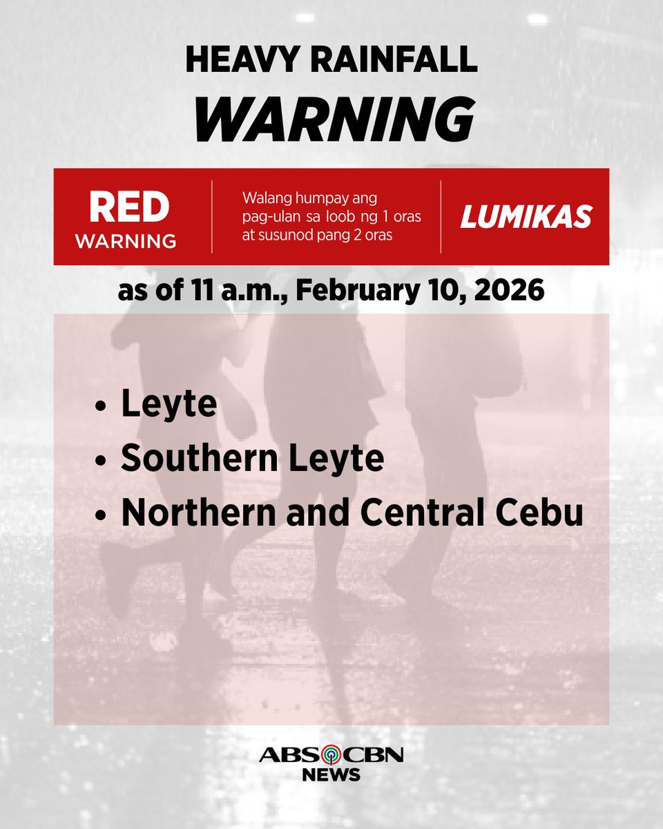 ABSCBNNews's tweet photo. PAGASA HEAVY RAINFALL WARNING #ShearLine
11AM, February 10, 2026
🔴 RED LEVEL
• Leyte
• Southern Leyte
• northern and central Cebu
🟠 ORANGE LEVEL
• Eastern Samar
• Samar
• Biliran
• northern Bohol
• southern Cebu
• northern Negros Occidental
🟡 YELLOW LEVEL
• rest of Bohol
• rest of Cebu
• northern Negros Oriental
• central Negros Occidental
• Guimaras
⚠️Widespread and serious flooding and landslides are expected in these areas.
Next update at 2 p.m. | #WeatherPatrol via @arielrojasPH