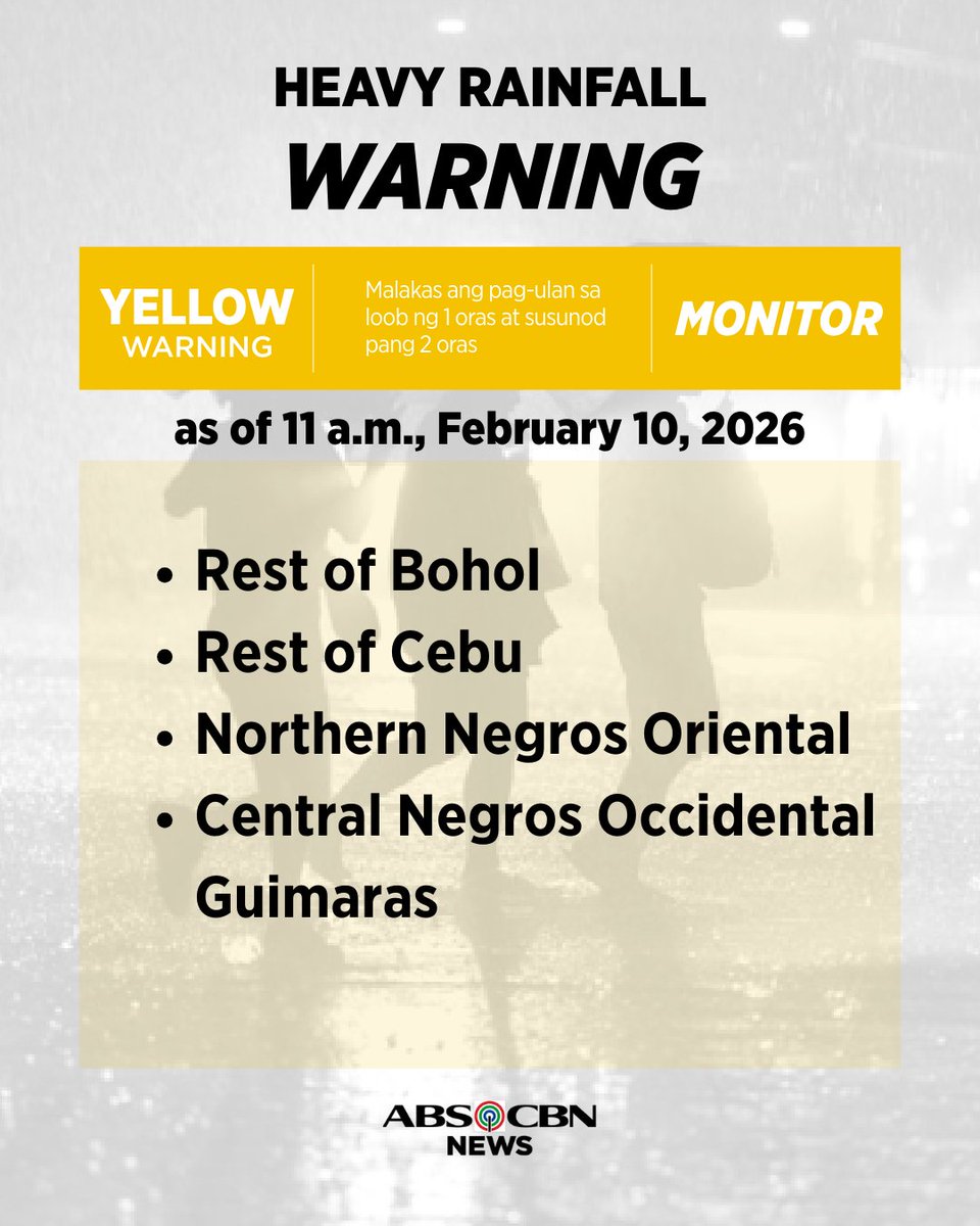 ABSCBNNews's tweet photo. PAGASA HEAVY RAINFALL WARNING #ShearLine
11AM, February 10, 2026
🔴 RED LEVEL
• Leyte
• Southern Leyte
• northern and central Cebu
🟠 ORANGE LEVEL
• Eastern Samar
• Samar
• Biliran
• northern Bohol
• southern Cebu
• northern Negros Occidental
🟡 YELLOW LEVEL
• rest of Bohol
• rest of Cebu
• northern Negros Oriental
• central Negros Occidental
• Guimaras
⚠️Widespread and serious flooding and landslides are expected in these areas.
Next update at 2 p.m. | #WeatherPatrol via @arielrojasPH
