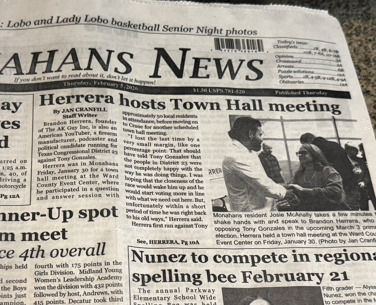 TheAKGuy's tweet photo. Thank you to Monahans News for covering our amazing townhall in Ward County last week!

We’re on the road doing about 2-3 public townhalls per day all across the district answering questions from the voters.

I dare @RepTonyGonzales to do just one. https://t.co/sIsTsWqCkE