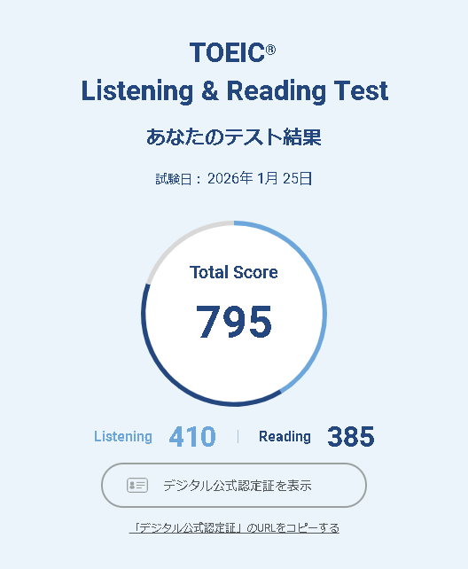 harumondo1's tweet photo. 1/25の結果です。
前回(L320R280)より195点アップでした。
Budditを続けていてよかった。
でも、まだ通過点です。900点台を2/15のTOEICで目指します!
#TOEIC #Buddit https://t.co/1aszRp8PBz