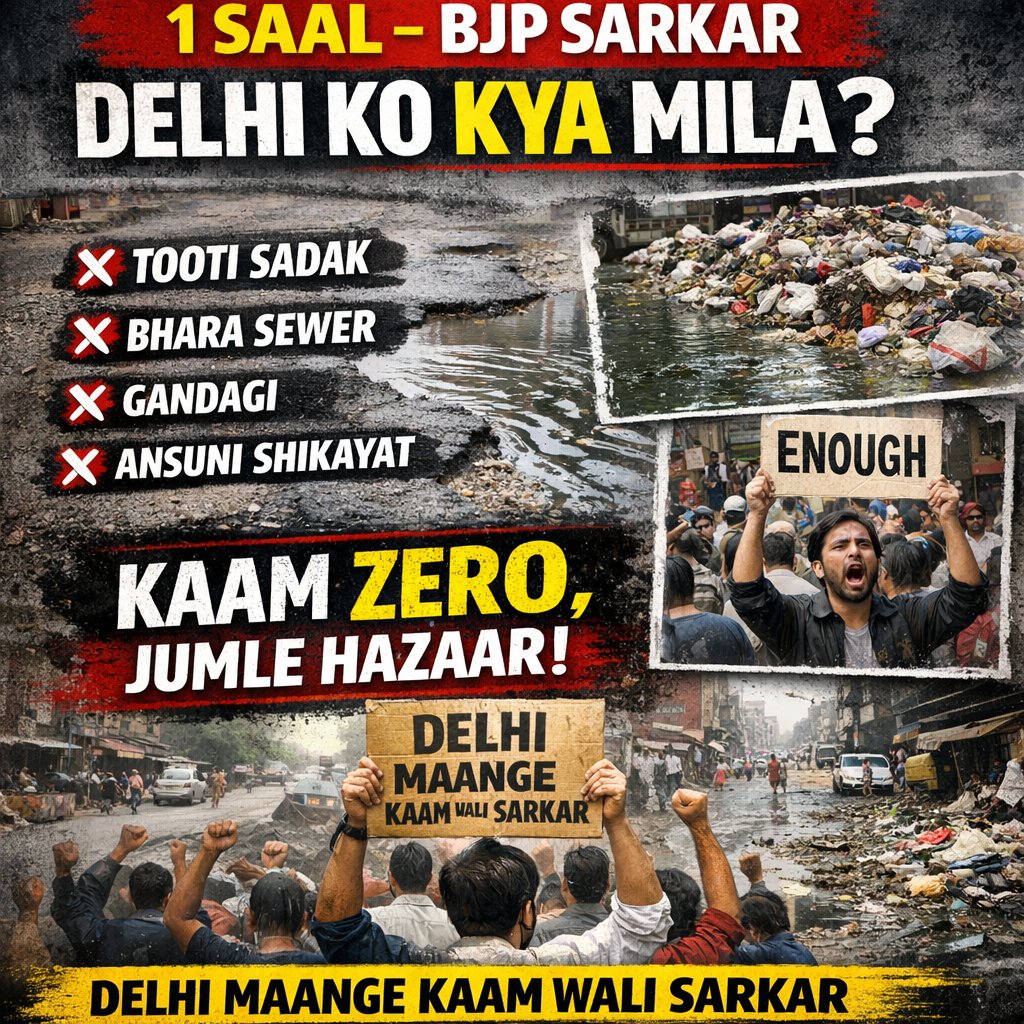 1 साल की BJP सरकार से दिल्ली को क्या मिला?

टूटी सड़कें 
भरे हुए सीवर
गंदगी
अनसुनी शिकायतें

काम ZERO, जुमले हज़ार!
दिल्ली मांगती है केजरीवाल, दिल्ली मांगती है काम वाली सरकार।

#DelhiKaSach #BJPFail #KaamVsJumla <a href="/AAPDelhi/">Aam Aadmi Party Delhi</a> <a href="/Saurabh_MLAgk/">Saurabh Bharadwaj</a> #DelhiMaangeKejriwal