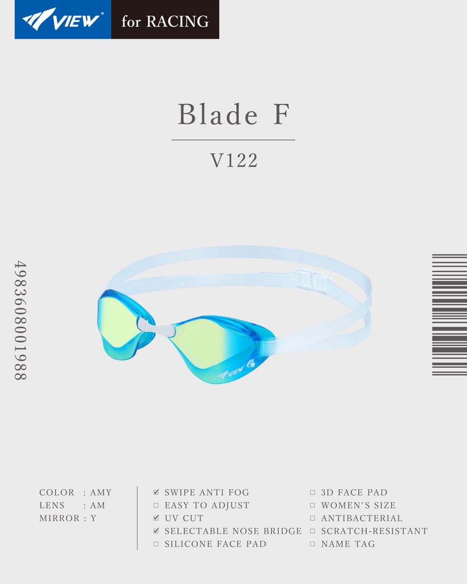 view_swim's tweet photo. Blade Fは、レンズ上部をミリ単位で調節することで
前方視界の大幅な向上を実現したBladeシリーズ！

カーブレンズを採用することで
側方視野も従来のBladeより43%UP！

2026年の新色 AMYは眩しさを軽減し、
男女問わずに人気です！

#viewゴーグル #日本製 #競泳 #マスターズ https://t.co/2zh7pXeslu