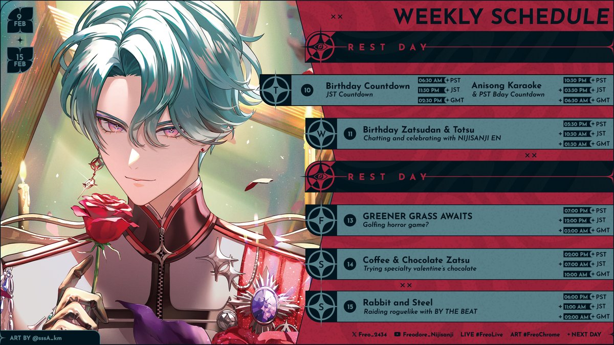 Weekly Schedule (2/9 - 2/15)  
Illustration by @/sssA_km
Birthday Tag #FreoBirthday2026