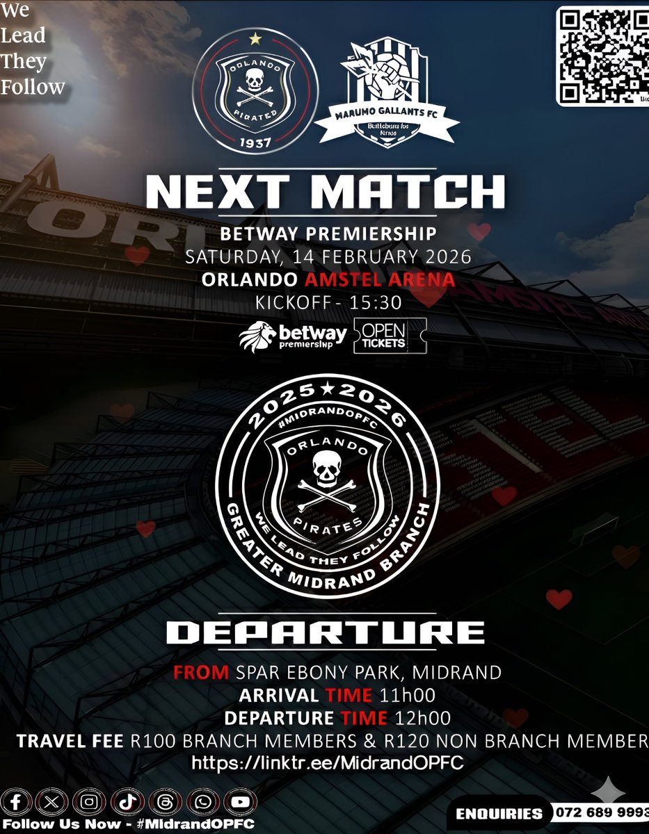 𝐍𝐄𝐗𝐓_𝐌𝐀𝐓𝐂𝐇

🆚 Marumo Gallants FC 
🗓️ Saturday,14 February 2026
🏟️ Orlando Amstel Arena
⏱️ 15:30
🎫OpenTickets 

⚫⚪🔴⭐
#OrlandoPirates 
#OnceAlways
#MidrandOPFC