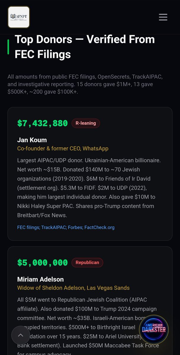 danksterintel's tweet photo. 🚨 NEW from the investigation site 🚨

We just exposed AIPAC's top donors with VERIFIED FEC filings.

And the #1 donor is NOT who you think.

It's not Miriam Adelson.
It's not the Koch brothers.
It's not Soros.

😳 It's the co-founder of WhatsApp.

Jan Koum.

💰 $7,432,880 to AIPAC's political machine
💰 $6,000,000 to Israeli settlement organizations
💰 $10,000,000 to Nikki Haley's Super PAC
💰 $140,000,000 to ~70 pro-Israel organizations

The man who built the app on YOUR phone donated more to buy American elections than Miriam Adelson's $5,000,000.

⚠️ Net worth: $15 BILLION
⚠️ Ukrainian-American billionaire
⚠️ Shares pro-Trump content from Breitbart

Nobody is talking about this. Nobody.

The full donor profiles with FEC receipts, cross-references to Canary Mission, and the exposed network map are all live on our investigation site.

We named them all. Every dollar. Every filing.

Full investigation on my page 👇
Follow @AFNPTorg