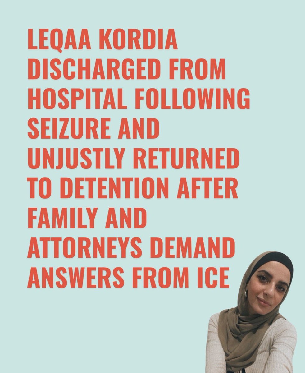 omarsuleiman's tweet photo. After three days of trying to find Leqaa Kordia in any hospital following a seizure in an ICE dungeon, she has been sent back to the dungeon. 

No access to lawyers, family, or friends. She has been in unlawful detention for almost a year now for attending a protest at Columbia against a genocide that has claimed the lives of over 200 of her family members.

It’s time to free her, not back to a prison but to her family where she can finally recover from this insanity.

#FREELEQAAKORDIA