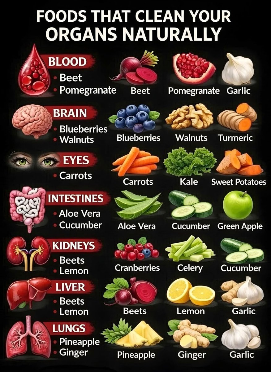 habi72262's tweet image. FOODS THAT CLEAN YOUR ORGANS NATURALLY

BLOOD

Beet

Pomegranate

Beet

Pomegranate

Garlic

BRAIN

Blueberries

Walnuts

Blueberries

Walnuts

Turmeric

EYES

Carrots

Carrots

Kale

Sweet Potatoes

INTESTINES

Aloe Vera

Cucumber

Aloe Vera

Cucumber

Green Apple

KIDNEYS…