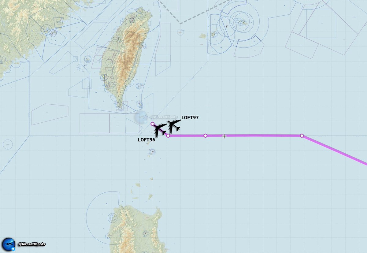 USAF B-52Hs LOFT96 &amp; 97 departed Andersen AFB, Guam, on a round-trip mission. They appear to be operating southeast of Taiwan near the Luzon Strait.