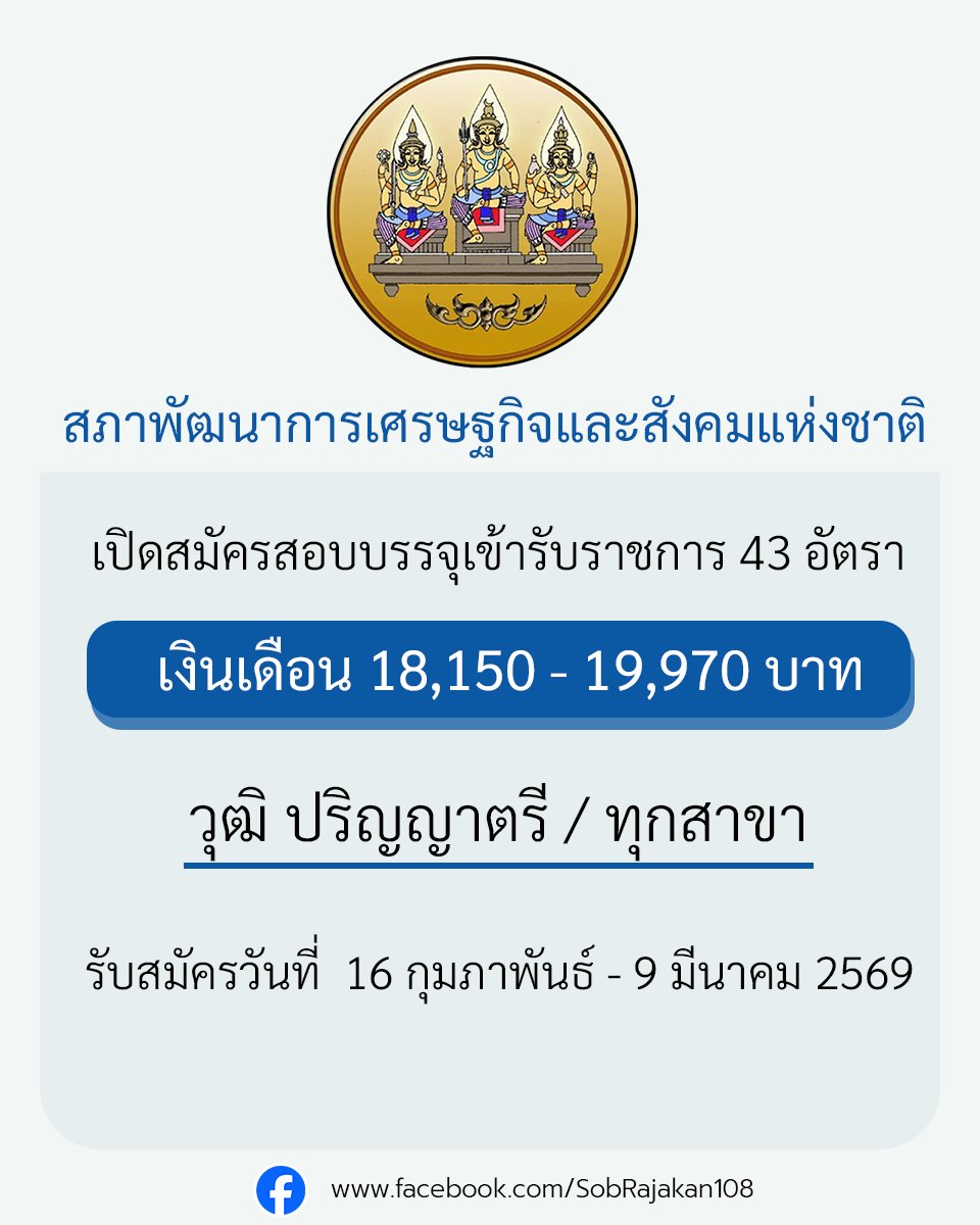 สำนักงานสภาพัฒนาการเศรษฐกิจและสังคมแห่งชาติ เปิดรับสมัครสอบบรรจุเข้ารับราชการ 43 อัตรา ปริญญาตรี /ทุกสาขา รายละเอียด job4k.com/postnesdc-id28…