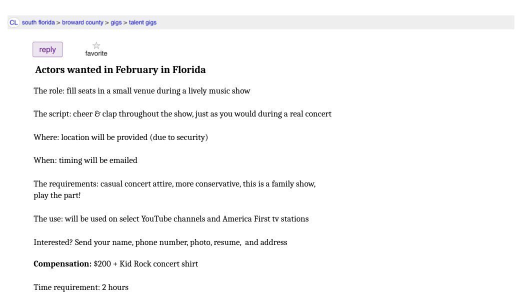 Terms for a paid Kid Rock seat-filler:

Compensation: $200 + Kid Rock concert shirt.

Time requirement: 2 hours.

Loss of appetite: 5 days.

Stench: 3 weeks.

Mental scarring: Permanent.