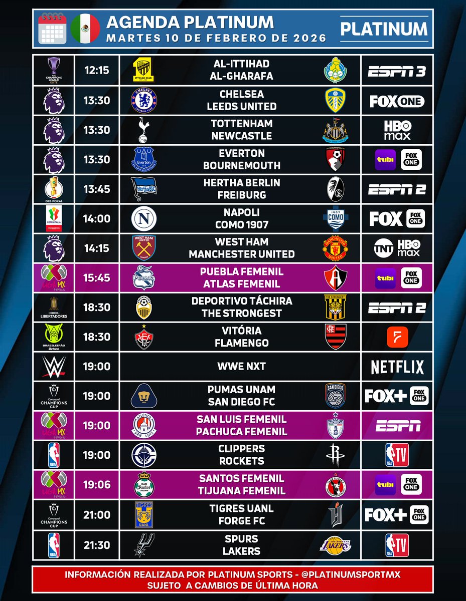 ¡MARTES DE VARIEDAD!

🇲🇽 #AgendaPLATINUM
🗓️ Martes 10 de Febrero de 2026

🅱️ Bonus: Venados vs. Cancún a las 18hrs. por AyM Sports.
⏰📺 Horarios y transmisiones para México.
⚠️ Sujeto a cambios.