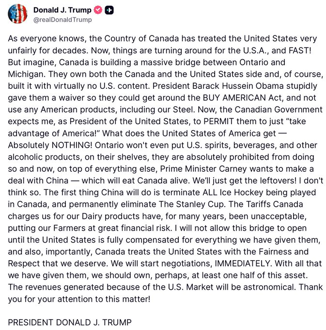 You can't trust Trump—ever.

Now the mentally ill US president is blocking the opening of the Gordie Howe International Bridge—it connects Windsor (Ontario, Canada) with Detroit (Michigan, USA) and is intended to facilitate the flow of goods.

The construction (US$6.4 billion)