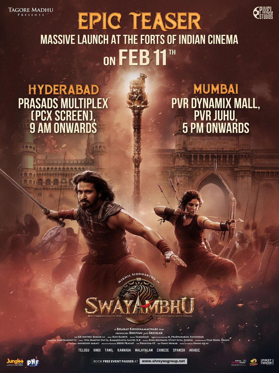 BigtvCinema's tweet photo. #SwayambhuTeaser EPIC LAUNCH on February 11th at the forts of Indian Cinema... 🔥🔥🔥
📍Hyderabad - PCX Screen, Prasads from 9 AM onwards.
📍Mumbai- PVR Dyanamix Mall, Juhu from 5 PM onwards.
#Swayambhu #NikhilSiddartha #actorNikhil #NabhaNatesh #Samyuktha #Samyukthamenon #Celebs #Tollywood #tollywoodactress #entertainment #Bigtv #BIGTVCinema