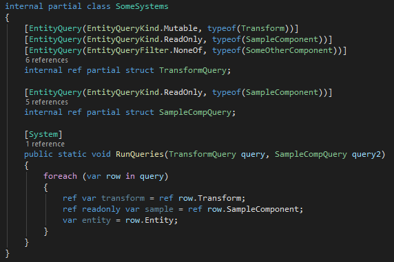 gollebolle's tweet image. Decided to experiment a bit with an ECS that utilizes source generators for the queries, and it turned out to be great! 
It uses mostly ref struct to create enumerators behind the scene on raw pointers to the matching chunks in the archetypes. 

#indiedev #gamedev #csharp