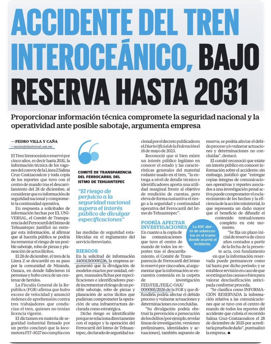 Por tema de “seguridad nacional” y para cuidar a los peques del expresidente, se ordena la reserva de todo lo relacionado al descarrilamiento del tren interoceanico hasta después de que la actual presidente termine su período de gobierno...