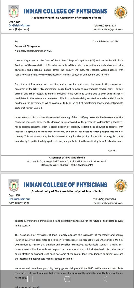 neha_laldas's tweet photo. Indian College of Physicians और Indian Association of Clinical Medicine ने NMC (National Medical Commission) को पत्र लिखकर NEET-PG के low cutoff पर ऐतराज जताया है!👇

उन्होंने कहा है:
"इतने कम मार्क्स वाले लोगों को मेडिकल कोर्स में दाखिला देना लोगों की ज़िंदगी के साथ खिलवाड़ करने जैसा है!
0 और -40 जैसे मार्क्स लाने वाला उम्मीदवार मेडिकल जैसे कठिन विषय के लायक नहीं और ऐसे लोगों को अगर स्पेशलिस्ट बनाया गया तो ये साफतौर पर मरीज़ों की जान खतरे में डालने जैसा होगा!"

अब देखना ये है कि जब खुद मेडिकल फील्ड के लोग इसपर ऐतराज जता रहे हैं तो सरकार क्या करती है??