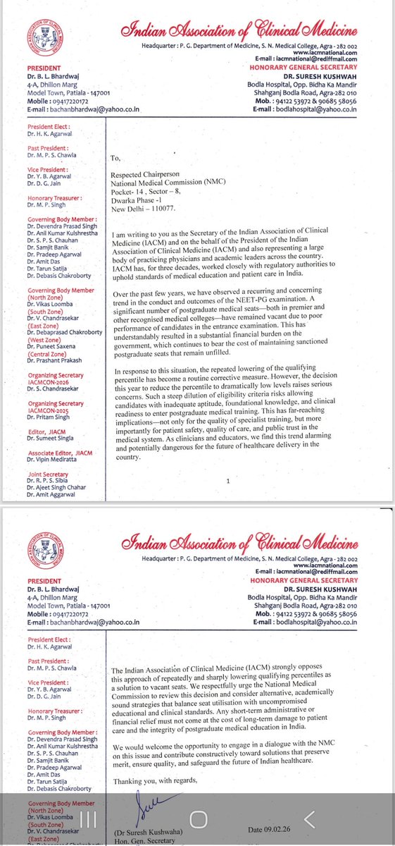 neha_laldas's tweet photo. Indian College of Physicians और Indian Association of Clinical Medicine ने NMC (National Medical Commission) को पत्र लिखकर NEET-PG के low cutoff पर ऐतराज जताया है!👇

उन्होंने कहा है:
"इतने कम मार्क्स वाले लोगों को मेडिकल कोर्स में दाखिला देना लोगों की ज़िंदगी के साथ खिलवाड़ करने जैसा है!
0 और -40 जैसे मार्क्स लाने वाला उम्मीदवार मेडिकल जैसे कठिन विषय के लायक नहीं और ऐसे लोगों को अगर स्पेशलिस्ट बनाया गया तो ये साफतौर पर मरीज़ों की जान खतरे में डालने जैसा होगा!"

अब देखना ये है कि जब खुद मेडिकल फील्ड के लोग इसपर ऐतराज जता रहे हैं तो सरकार क्या करती है??