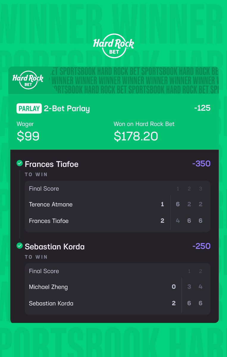 AND WE CLIMB 💰✅

🪜BodMonDru’s Ladder Challenge 🪜

💰$50 —> $500 Challenge💰
————————————————
🎾Play #1: $50 —> $99✅
🎾Play #2: $99 —> $178✅
🎾Play #3: $178 —> $??? ⏳

PARLAY -125
—————————
Frances Tiafoe ML💰✅
Sebastian Korda ML 💰✅

Hit the follow and turn on