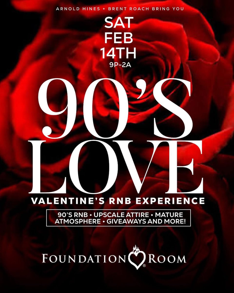 🌹 90’s LOVE: The Valentine’s R&amp;B Experience 🌹
Feb 14, 2026 | 9PM–2AM
📍 Foundation Room CLE

90’s R&amp;B + hip-hop soul. Slow jams. Real love energy.
Curated by Arnold Hines | AH Events x Brent Roach Events

🎟 Tickets: bit.ly/45x3TnM

#90sLoveCLE