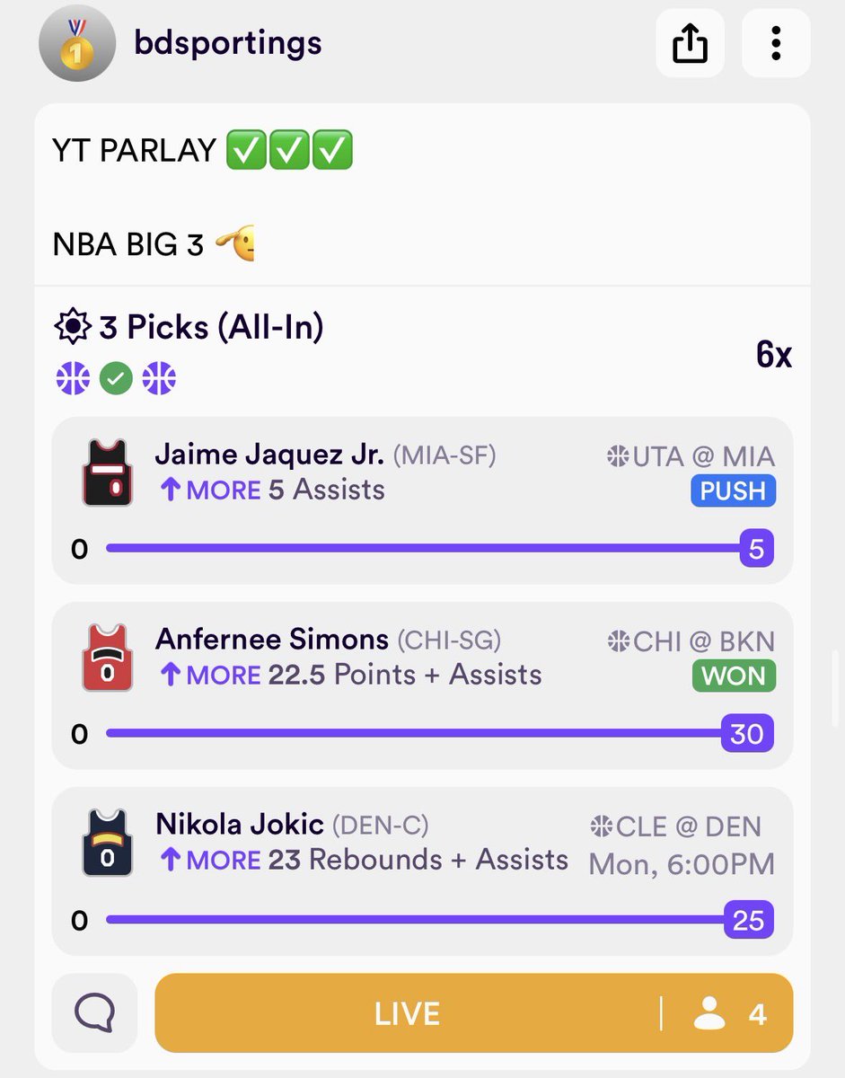 BDSportings's tweet image. CLIENTS 6-0 NOW ✅✅✅✅✅✅

YOUTUBE SWEEP 📈

Anf. Simons P/A Ov. (22.5)🔥💸

Arizona Ov. (154)🔥💸

Don Mitchell PTS Ov. (26.5) x2🔥💸

Jarrett Allen PTS Ov. (14.5) x2🔥💸

Louisville Ov. (161)🔥💸

N. Jokic R/A Ov. (23.5)🔥💸

🫡

dubclub.win/r/p/pri-8sk8x/…

LIKE &amp;amp; RT 💸💸💸