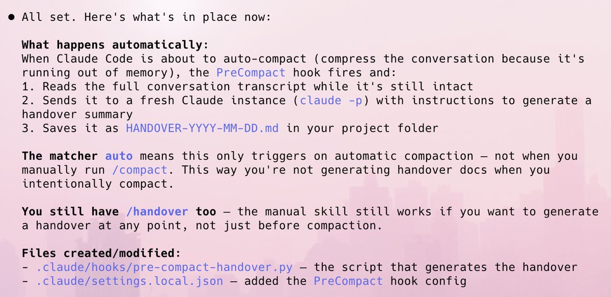Claude Code /handover 커스텀 명령어 아이디어

좋은 생각이네요! 세션 간 컨텍스트를 보존하기 위한 커스텀 명령어..

세션 중 언제든 이 명령어를 입력하면, Claude가 그동안의 작업 내용을 분석하여 HANDOVER.md 파일을 생성한다아!

이런 식으로 만들면 필요할 때 쓸 수 있고,