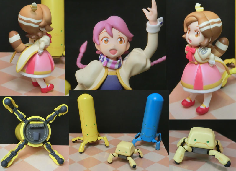 お買い上げいただいた方向けですが、写真で紹介。
肩の“銀”文字は一段高くなっています。筆塗で。
ヤチヨの顔についてる髪の塗り忘れに注意。
スカーフは首に通してから接続してください。
ポン子さんのつま先はベースに付けず、少し上げる。。
お掃除ロボさんの底に箒のパーツを付けてください。