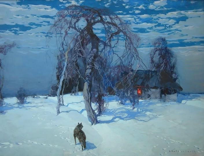 A Wolf in a Winter Landscape by Stepan Feodorovich kolesnikov (1879-1955) Gives me Ravenloft and horror vibes.