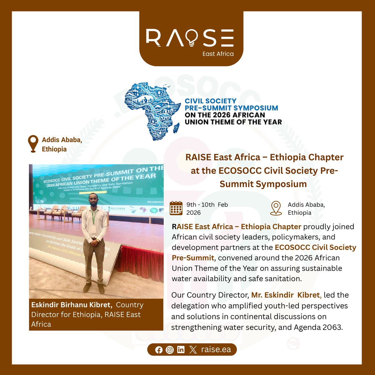 raise_ea's tweet image. We are at ECOSOCC Civil Society Pre-Summit contributing youth-driven perspectives on the 2026 African Union Theme of the Year.   
Our Country Director for Ethiopia, Mr. Eskindir is engaging  to advance sustainable water security, dignified sanitation, and the goals of Agenda 2063