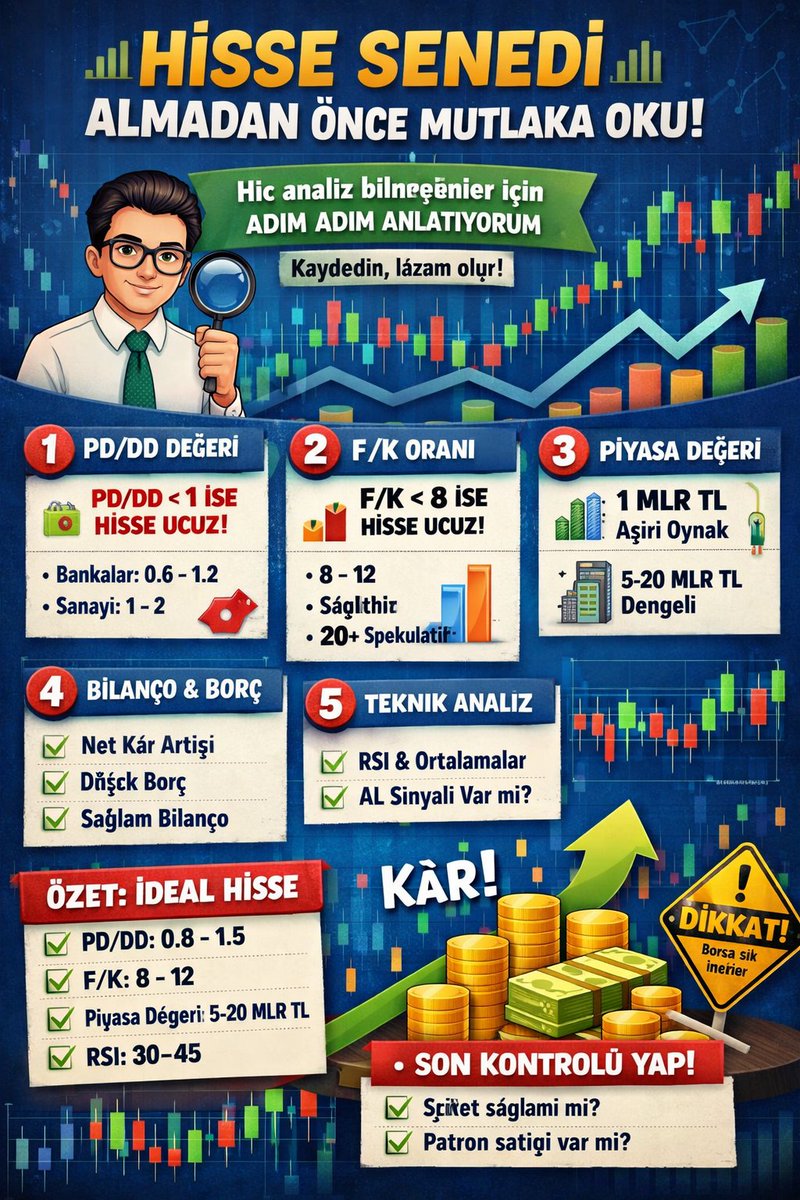 HİSSE SENEDİ ALMADAN ÖNCE MUTLAKA OKU

Hiç analiz bilmeyenler için - adım adım anlatıyorum

(Kaydedin, lazım olur)

1️⃣ PD/DD DEĞERİ (çok basit)

> 1 → Google'a "hisse senedi temel değerler" yaz

> 2 → Çıkan ilk sayfaya (İş yatırım) tıkla

> 3 → Burada hisse senetleri ile