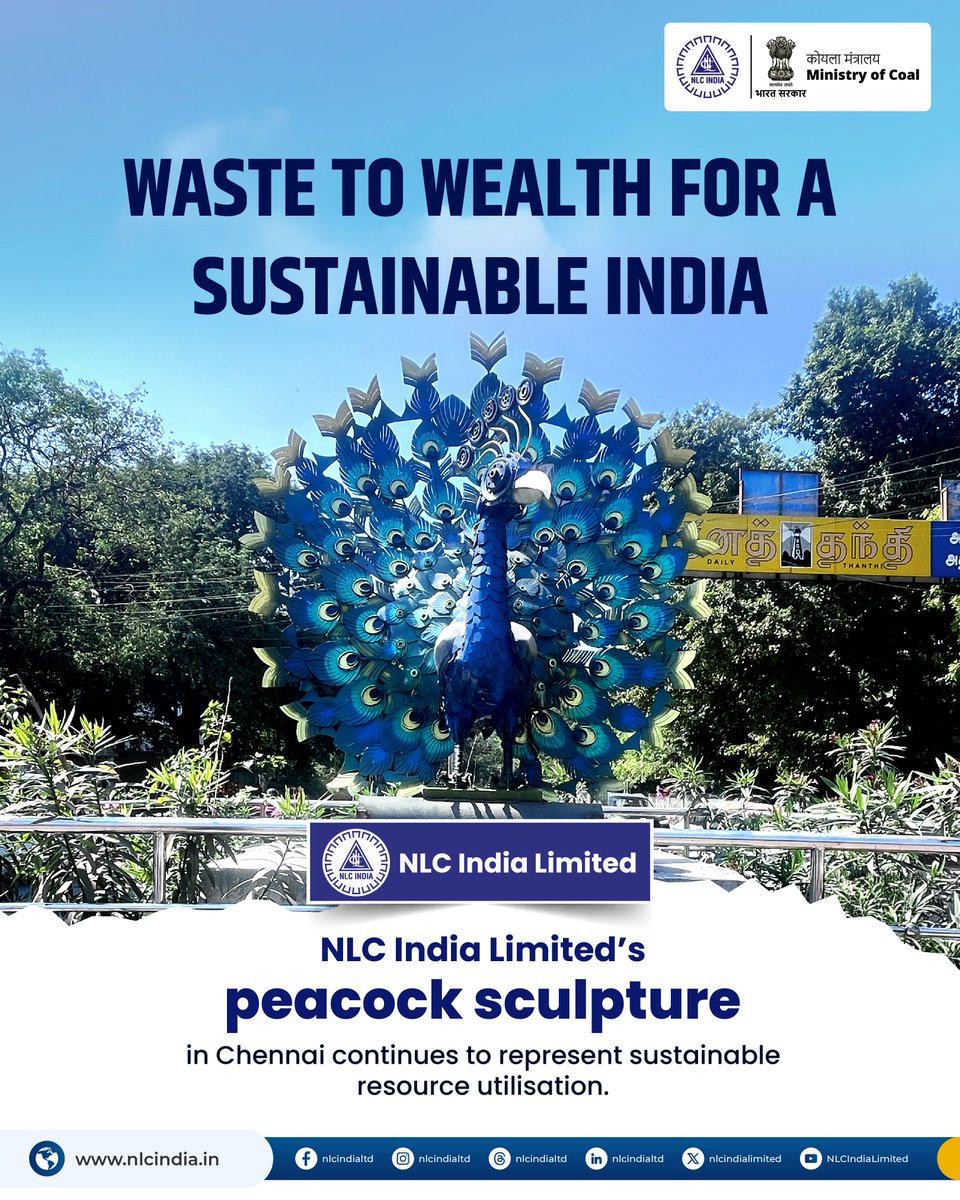 nlcindialimited's tweet image. Waste to Wealth for a Sustainable India.

NLC India Limited’s peacock sculpture in Chennai reflects sustainable resource utilisation and circular economy practices through responsible reuse of industrial scrap.

#NLCIndiaLimited #WasteToWealth #SustainableIndia 
@CoalMinistry