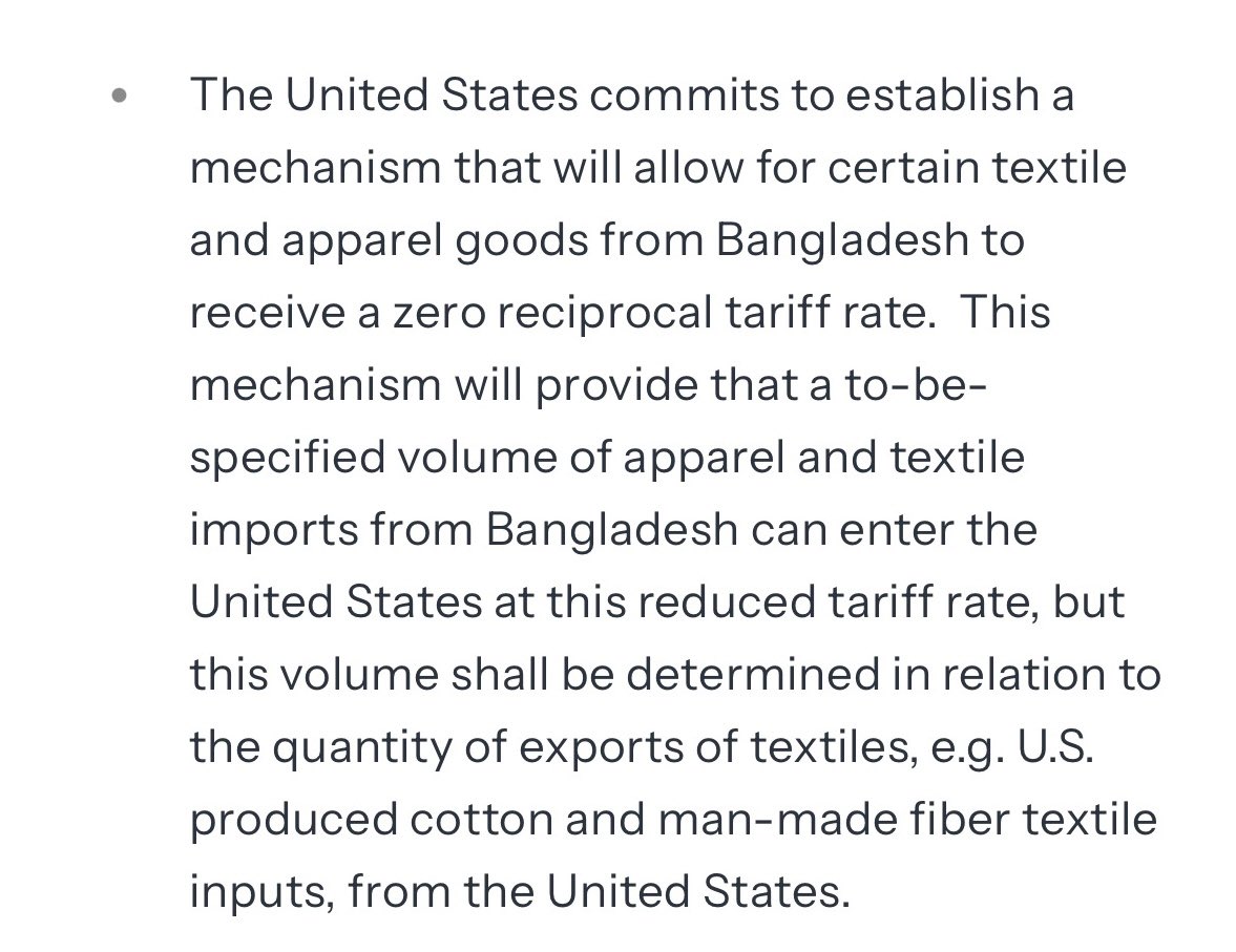 अमेरिका और बांग्लादेश के बीच जिन शर्तों पर ट्रेड डील हुई है वो भारत के टेक्सटाईल और अपेरल के लिए चिंता की बात है। 
क्योंकि इस डील के मुताबिक अमेरिका तय मात्रा में बांग्लादेश के टेक्सटाईल और अपेरल को जीरो ड्यूटी पर इंपोर्ट की छूट देगा। हालांकि ये मात्रा कितनी होगी इसका जिक्र ट्रेड