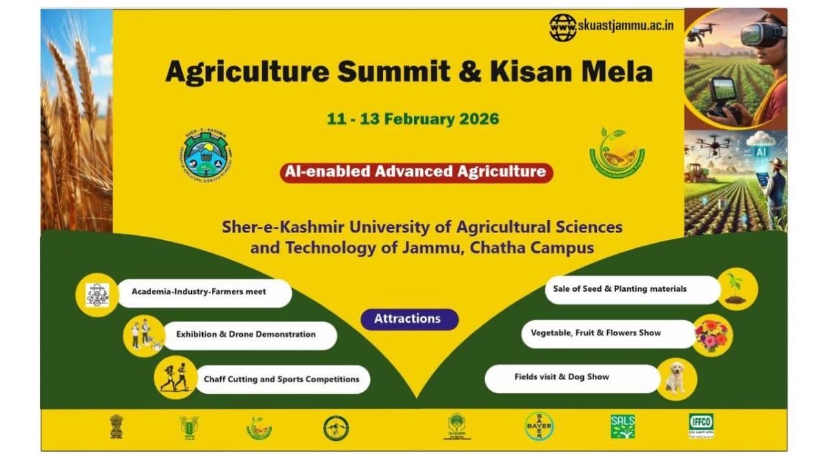 CellSkuast's tweet photo. 🌾 LIVE TELECAST | Agriculture Summit &amp; Kisan Mela 2026 🌾
Theme:
🤖🌱 “AI-enabled Advanced Agriculture”
📅 Dates: 11th, 12th &amp; 13th February 2026
📍 Venue: SKUAST-Jammu, Chatha Campus
🔗 Join Live Here:https://t.co/Mj5J8pJseP https://t.co/4vPpFD0DHZ