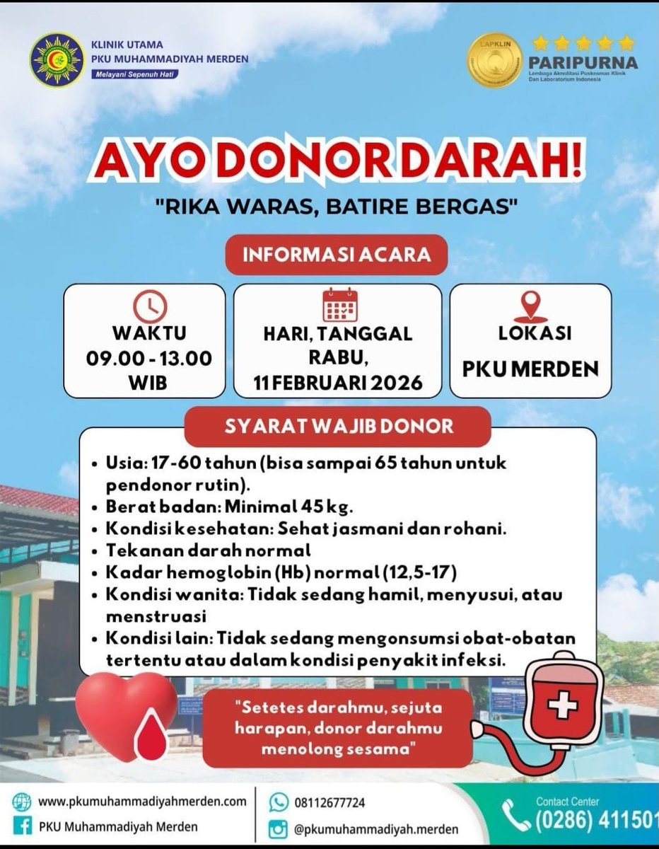 DONOR DARAH

Monggo sedulur nang wilayah desa Merden dan sekitarnya, sing wis mangsane donor darah aja kelalen merapat yaaa

Ajak serta juga kanca batir men sehat tur bergas bareng-bareng