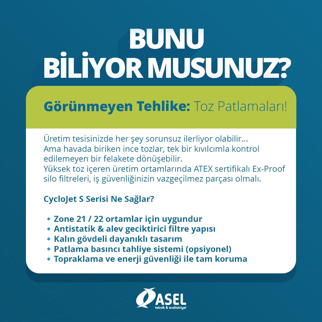 aselteknik2050's tweet image. Görünmeyen Tehlike: Toz Patlamaları!

Üretim tesisinizde her şey sorunsuz ilerliyor olabilir…
Ama havada biriken ince tozlar, tek bir kıvılcımla kontrol edilemeyen bir felakete dönüşebilir.

👉aselteknik.com.tr

#ExProof #ATEX #TozPatlamaRiski #Silo #AselTeknik