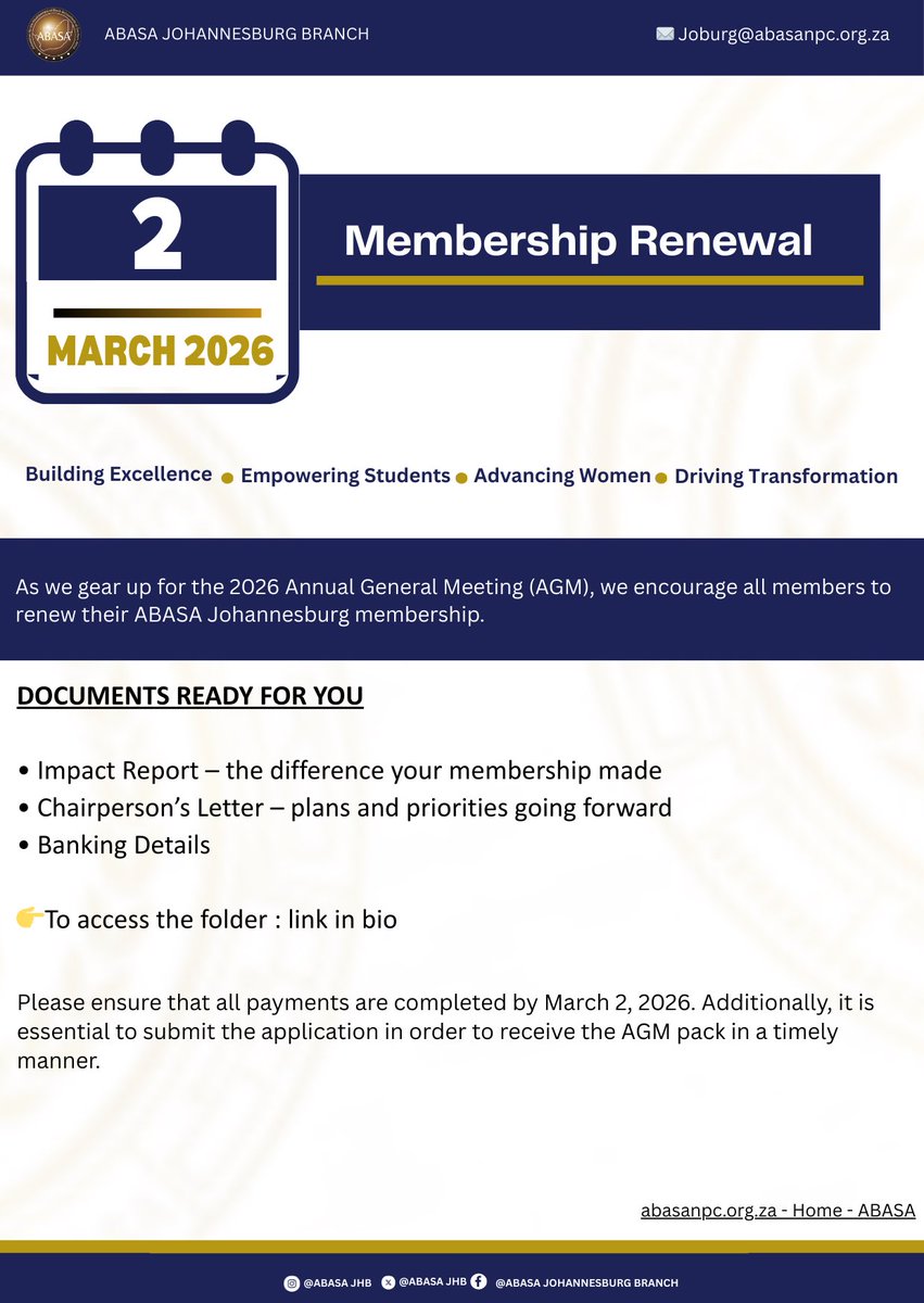 📢 Membership Renewal
All members are required to renew their membership by 2 March 2026 in preparation for the 2026 AGM.

Payment and application submission are required to receive the AGM pack.

Access the folder: drive.google.com/drive/folders/… 

#ABASA #ABASAJHB #MembershipRenewal