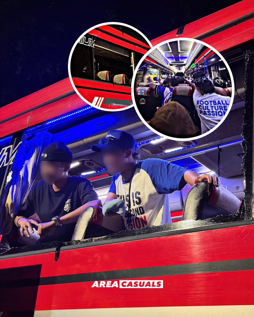 Salah satu bus rombongan aremania menjadi sasaran pelemparan batu oleh oknum tak bertanggung jawab usai bertandang ke jakarta