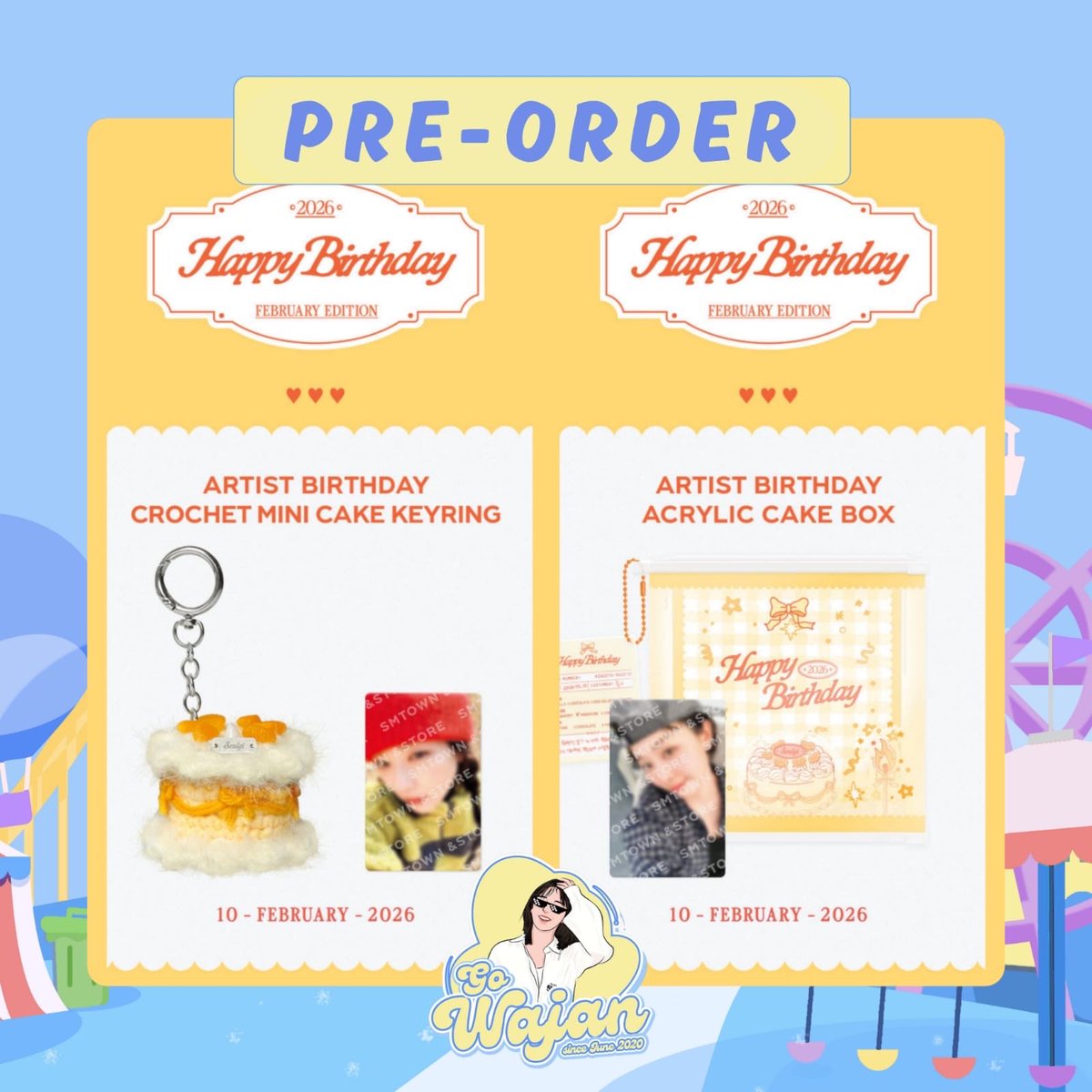 [ INA GO 🇮🇩]

PO SM ARTIST - THE HBD PARTY HOUSE MD

Artists
💛 Seulgi

Price
🍰 Cake Keyring: IDR 230k | DP 240k
💛 Cake Box: IDR 415k | DP 325k

Form Order
📝 tinyurl.com/SM-Bday

Close PO
📅 12 February 2026, 12 PM
Possibly to close early 

Additional Information
💳