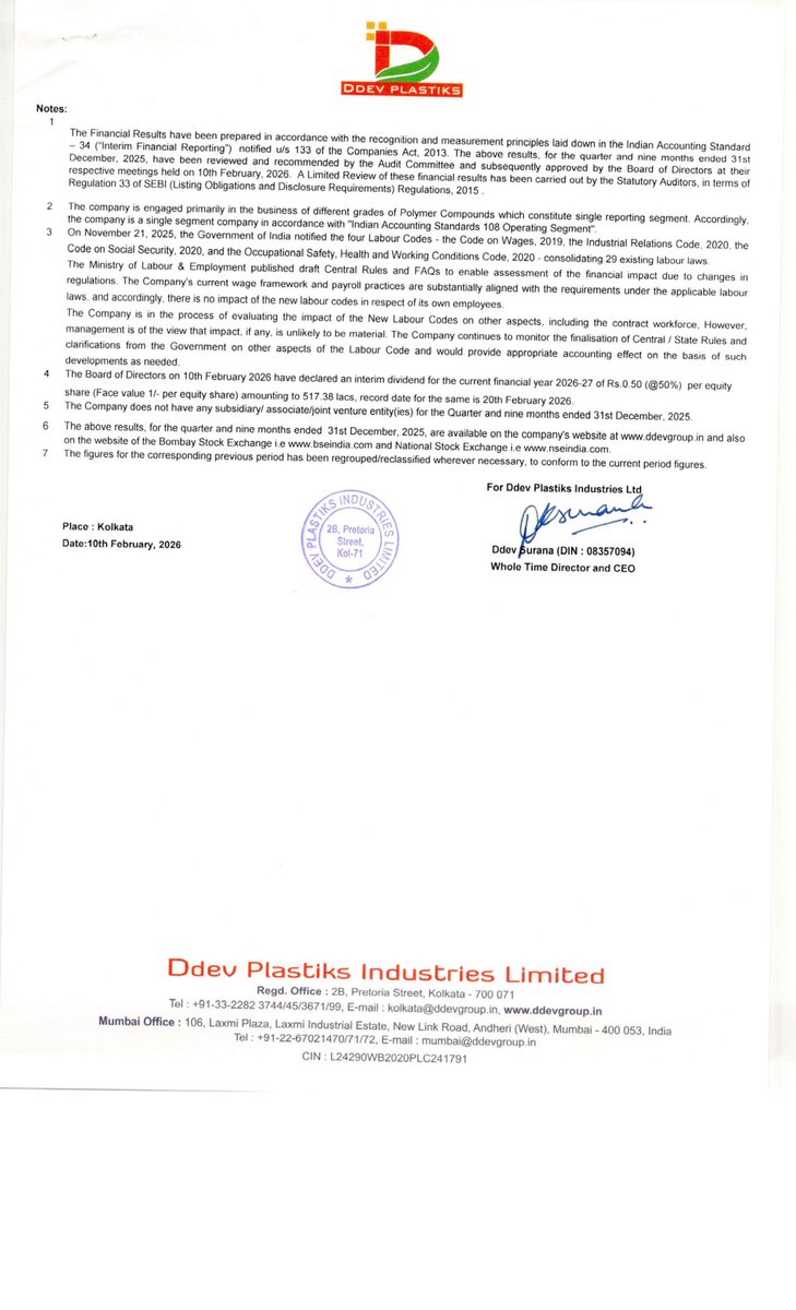 _Investor_Feed_'s tweet photo. 📈 Ddev Plastiks Q3 2025: Revenue Up 10.9%, Net Profit Rises 3.1% | MCap 3,045.32 Cr

• Revenue from operations for Q3 2025: ₹73,284.25 lacs, up from ₹66,074.53 lacs in Q3 2024 (10.9% YoY growth).
• Net profit for Q3 2025: ₹4,804.20 lacs, compared to ₹4,660.28 lacs in Q3 2024 (3.1% YoY increase).
• Interim dividend of ₹0.50 per share (50%) declared, with record date set for February 20, 2026.
• Monthly remuneration increased by ₹50,000 for Mr. Narrindra Suranna (Chairman and MD) and Mr. Ddev Surana (Whole Time Director and CEO), effective April 1, 2026.
• No significant impact from new labour codes on financials reported.

Find Source & similar updates -> https://t.co/LWVfjy0hfX

Disc: Information provided in this tweet can be inaccurate, verify through the source before making any investment decision.

Preview 👇 (First 4 out of 5 pages)