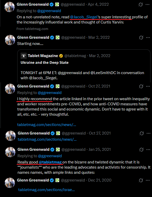 UmfuldJohnson's tweet photo. Zionist propagandist @ggreenwald's Tweets promoting openly Zionist shit rag @tabletmag 

Like Ron Paul, Tablet has argued against aid to Israel as taking foreign aid prevents Israel from committing genocide (at least before Trump, who Glenn campaigned for 3 times) https://t.co/QpP1DAT75v