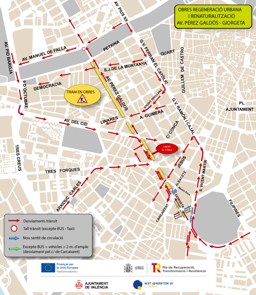 🚧Obres Pérez Galdós - Giorgeta:
⭕️ Autobusos i vehicles >2 m. d'ample desviats, des de Giorgeta, per Carcaixent i Mora de Rubielos.

🚧Obras Pérez Galdós-Giorgeta:  
⭕️Autobuses y vehículos >2 m. de ancho desviados, desde Giorgeta, por Carcaixent y Mora de Rubielos.

#trànsitVLC