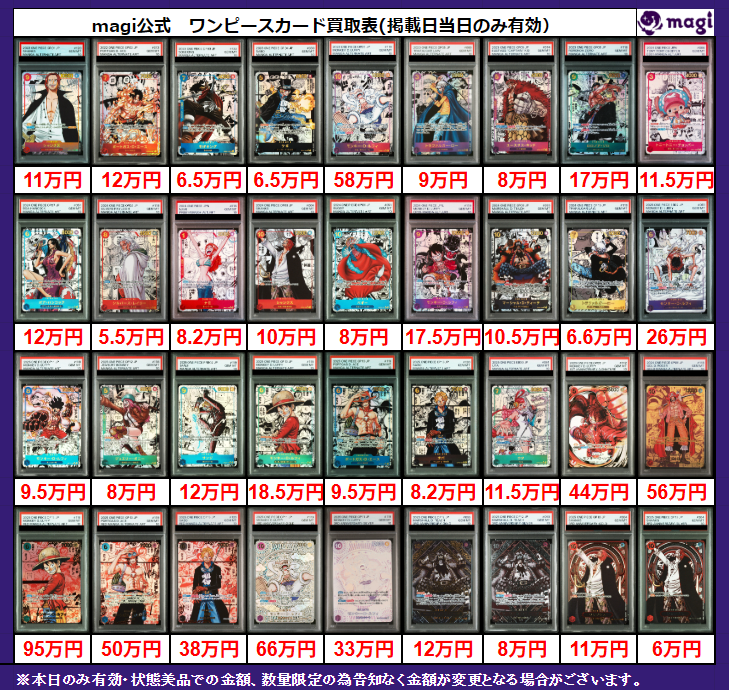 magi ワンピ買取表】 本日有効コミパラPSA10買取表になります