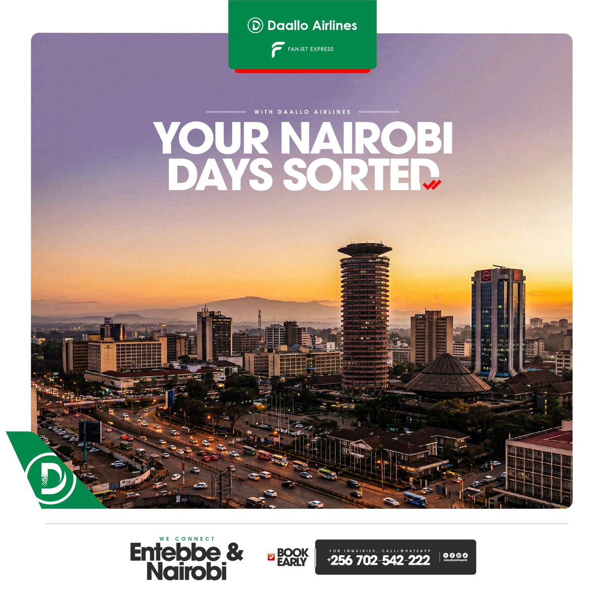 Nairobi plans? Sorted ✈️

📞 0702542222
💵 From $140

#FlyDaallo #DaalloAirlinesUG #FanjetExpress
