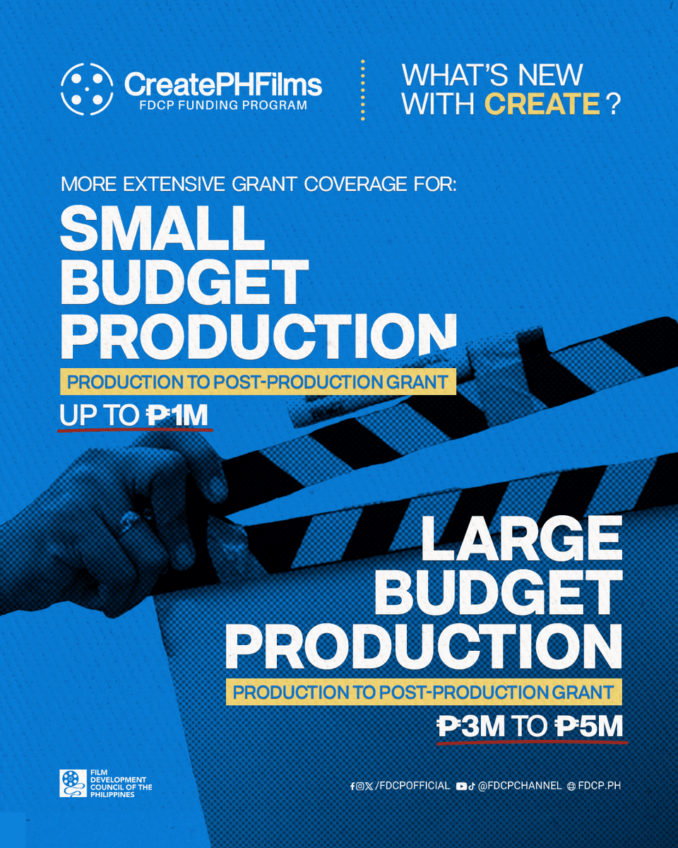 fdcpofficial's tweet photo. We heard your calls for more sustainable support!
CreatePHFilms is now expanding the coverage of Small and Large Production Grants from production to post-production.
Create with us! Apply here: https://t.co/LEIix8IwUI
#CreatePHFilms #FDCPOfficial #StoriesInMotion #PHCinema #MovieOn