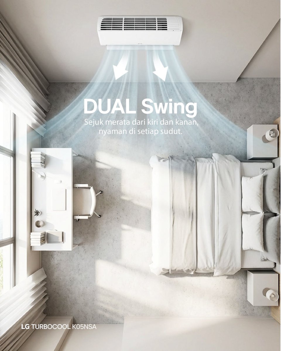 Kenyamanan ruangan terasa lebih optimal saat kesejukan menyebar merata ke setiap sudut.

TURBOCOOL AC New Terminator dilengkapi fitur Dual Swing yang mengalirkan udara sejuk dari kiri dan kanan, membuat area tempat tidur hingga meja kerja sama-sama terasa nyaman. Suhu lebih