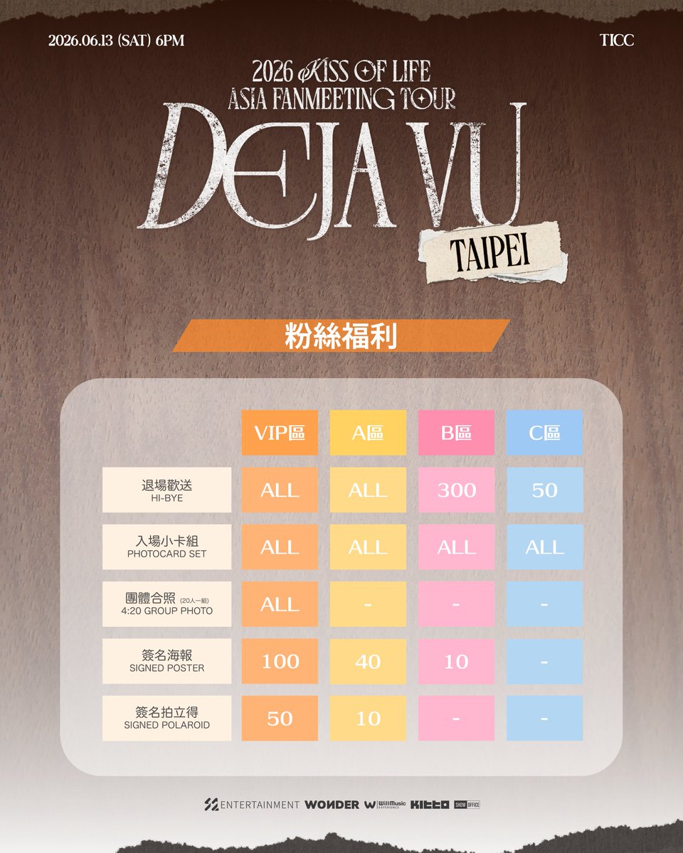 2026 KISS OF LIFE ASIA FANMEETING TOUR <DEJA VU> IN TAIPEI

✨ 主視覺・座位圖・粉絲福利 一次公開✨

KISSY ~💋
這一次KISS OF LIFE 即將帶來與以往不同、更加真實且令人驚喜的相遇體驗
讓大家看見她們更貼近的一面，感受那些意想不到、只屬於這場見面會的心動時刻
讓我們一起期待，6