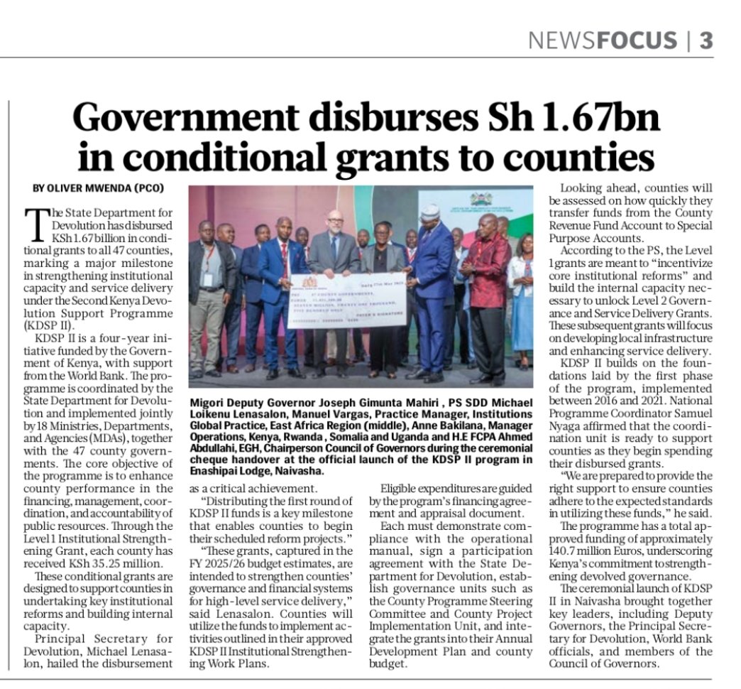 Devolution_KE's tweet photo. On page 3 of today's edition of @MyGovKe, read how @Devolution_KE ,through the World Bank funded Second Kenya Devolution Support Program (KDSP II), has disbursed Ksh. 1.67 Billion in conditional grants to all 47 counties.
#DevolutionKE https://t.co/5t0hmCPsKf