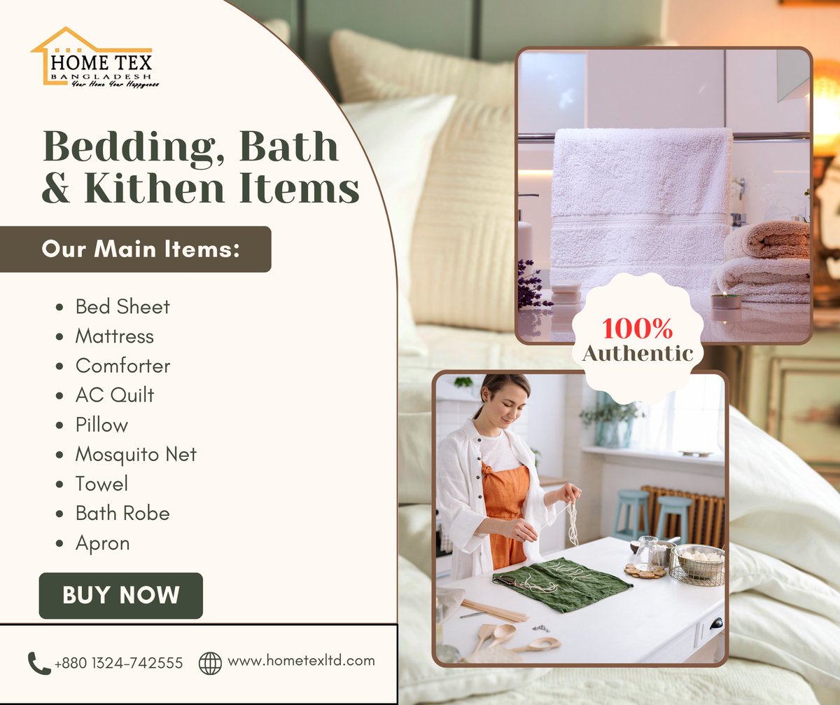 Hometexltd's tweet image. 🏠 Home Tex Bangladesh – আপনার ঘরের প্রতিটি কোণে বিলাসিতা ও আরামের ছোঁয়া

🛏️ Bedding Collection  
- Bed Sheet  
- Mattress  
- Comforter  
- AC Quilt  
- Pillow  
- Mosquito Net 

🛒 অর্ডার: hometexltd.com  
.
#BeddingEssentials #BathLuxury #KitchenCollection